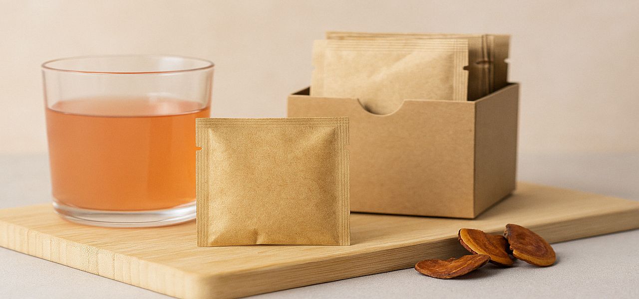 Ein stilvoll arrangiertes Set aus veganem Collagenpulver: Im Vordergrund steht ein naturbraunes Sachet ohne Aufschrift auf einem hellen Holzbrett. Daneben ein Glas mit lachsfarbenem Getränk. Im Hintergrund eine geöffnete Kartonbox mit weiteren Sachets sowie einige Zunderschwamm-Scheiben als natürlicher Akzent.
