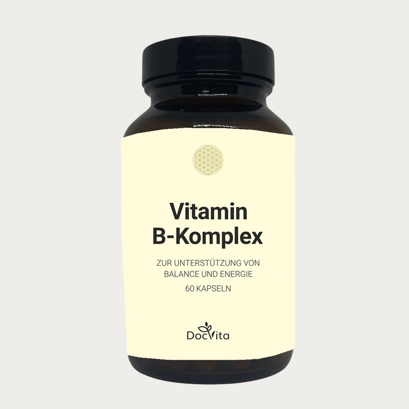 Braunglasflasche mit hellem Etikett von DocVita, enthält „Vitamin B-Komplex“ zur Unterstützung von Balance und Energie, 60 Kapseln.
