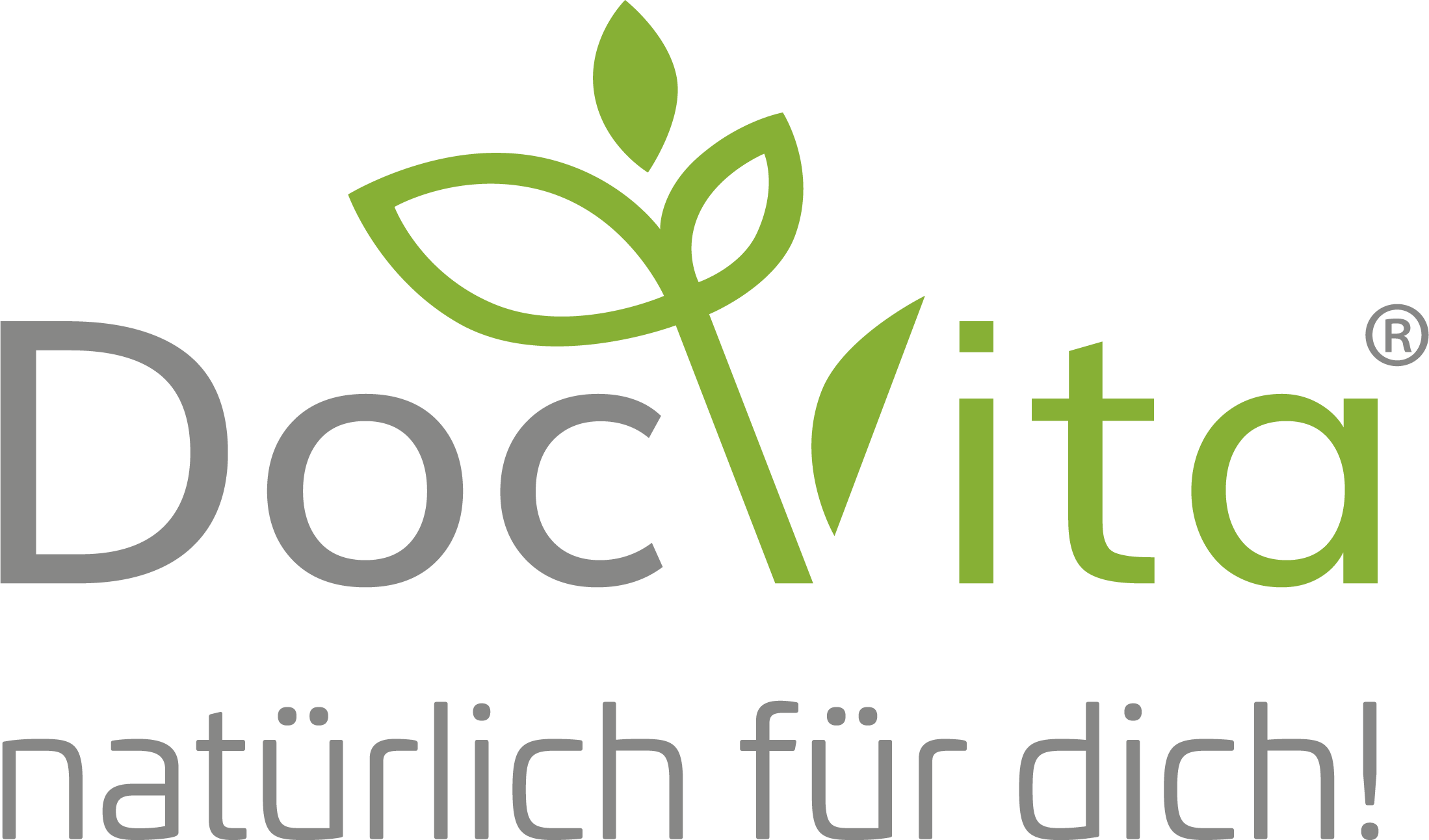 DocVita-Logo mit stilisiertem grünen Pflanzensymbol, Slogan „natürlich für dich!“ in grauer Schrift darunter.