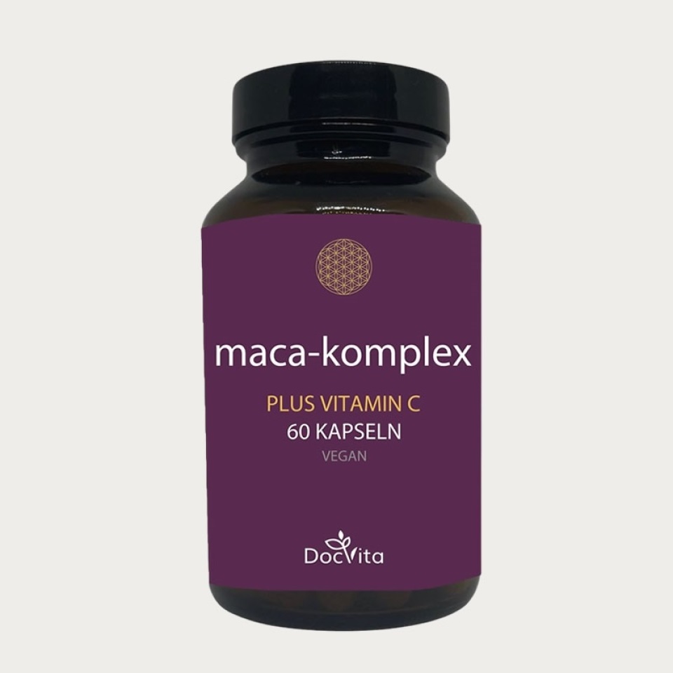 Braunglasflasche mit violettem Etikett der Marke DocVita, enthält „Maca-Komplex plus Vitamin C“, 60 vegane Kapseln.