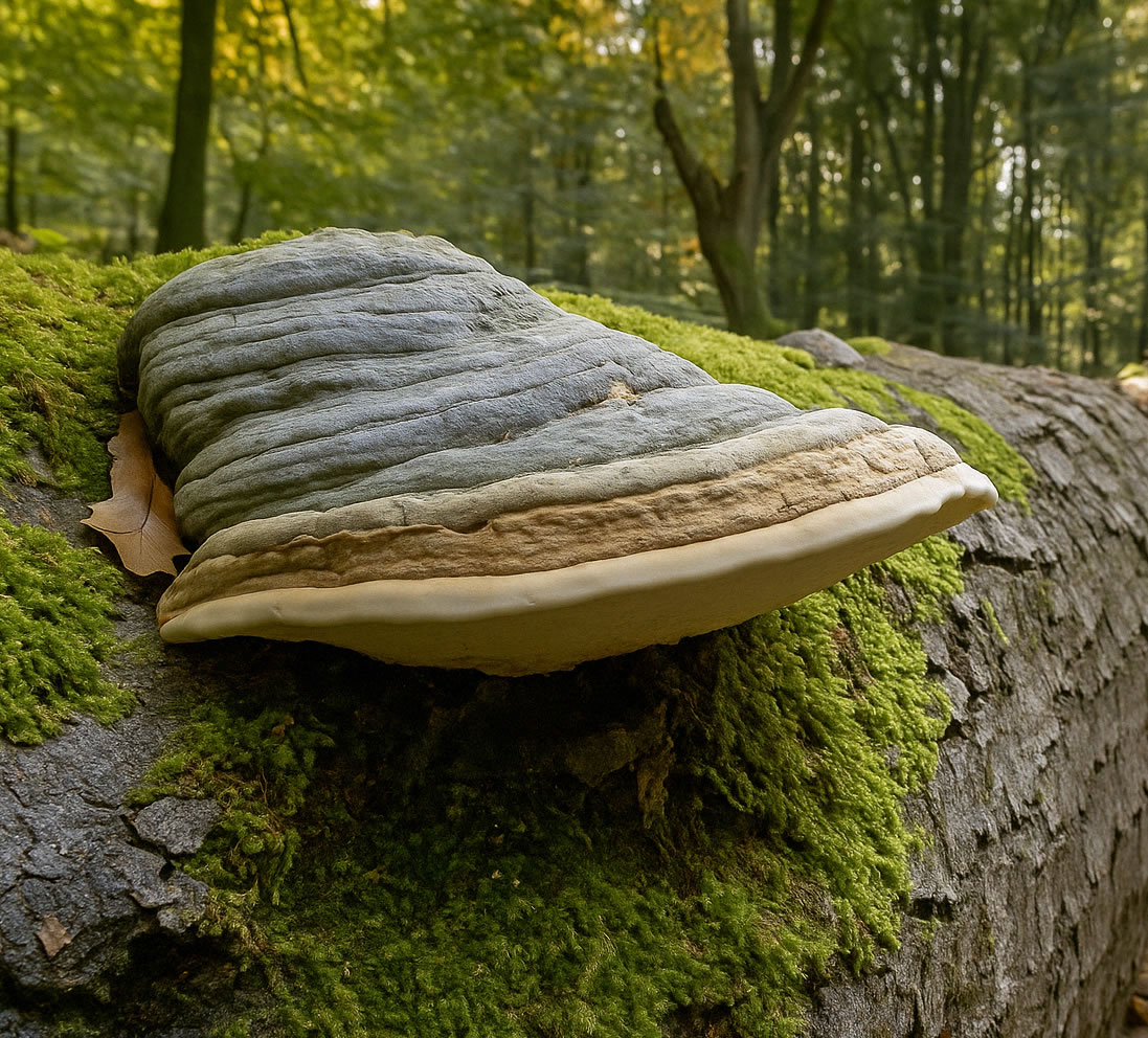 Zunderschwamm-Pilz auf einem mit Moos bedeckten Baumstamm im Wald – natürlicher Rohstoff für Produkte von DocVita.