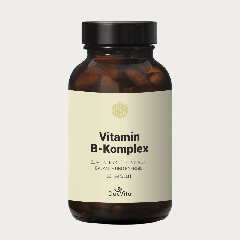 Braunglasflasche mit hellem Etikett von DocVita, enthält „Vitamin B-Komplex“ zur Unterstützung von Balance und Energie, 60 Kapseln.