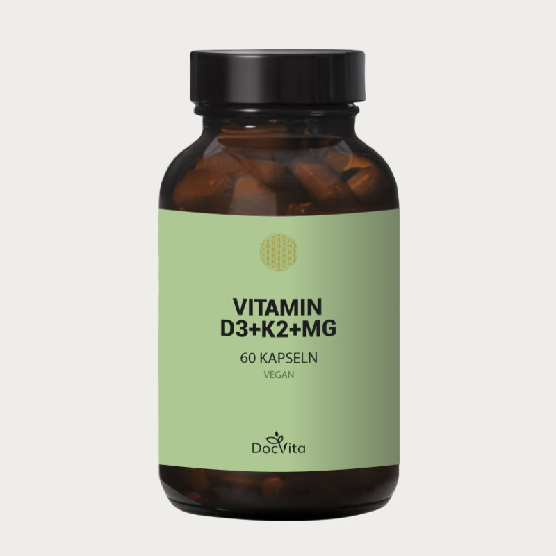 Braunglasflasche mit grünem Etikett der Marke DocVita, enthält „D3+K2+MG“, 60 vegane Kapseln.
